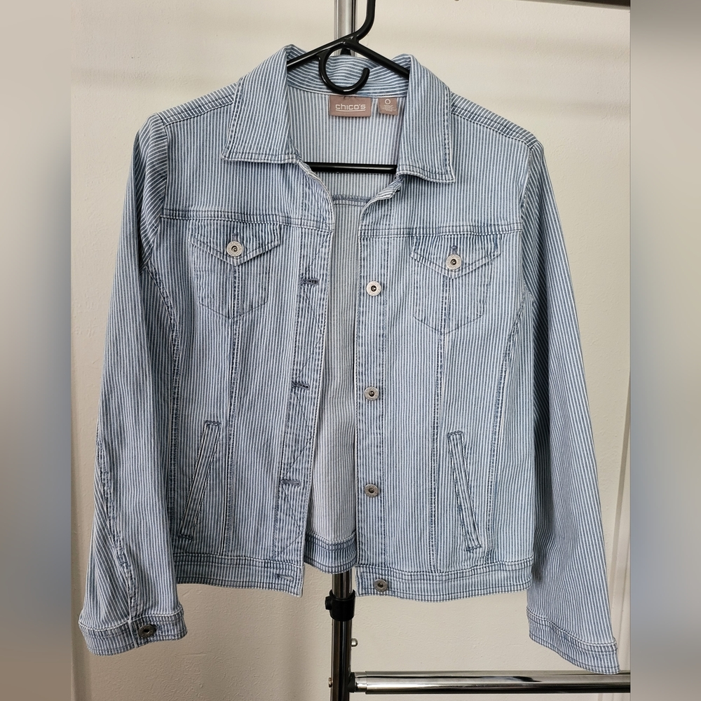 Chico's Light Blue Pinstripe Jean Jacket